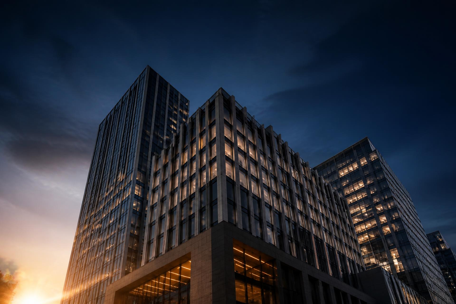 Modern commercial buildings at dusk